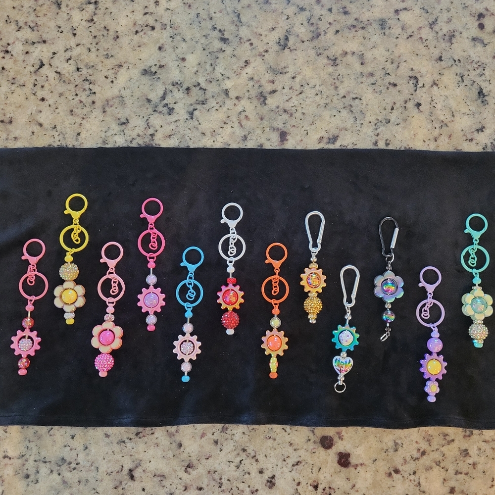Blingy Suns & Flowers Beaded Keychain Purse Charms Backpack Phone Fobs Festival